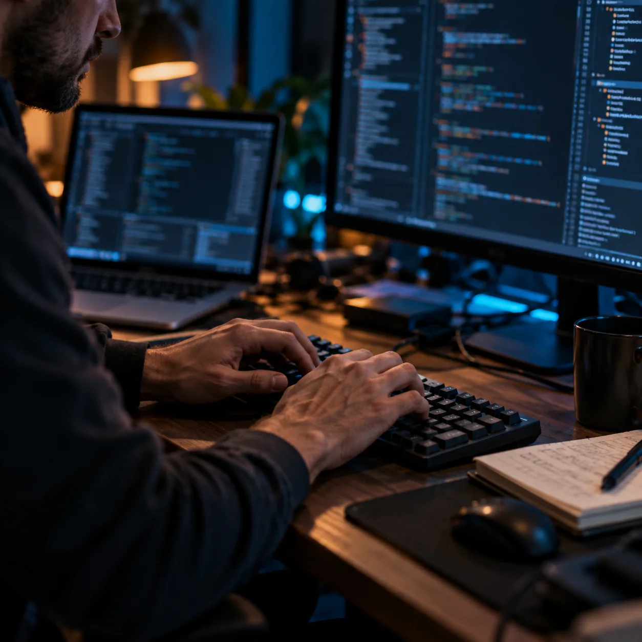 Immagine illustrativa di un professionista che programma davanti a più monitor